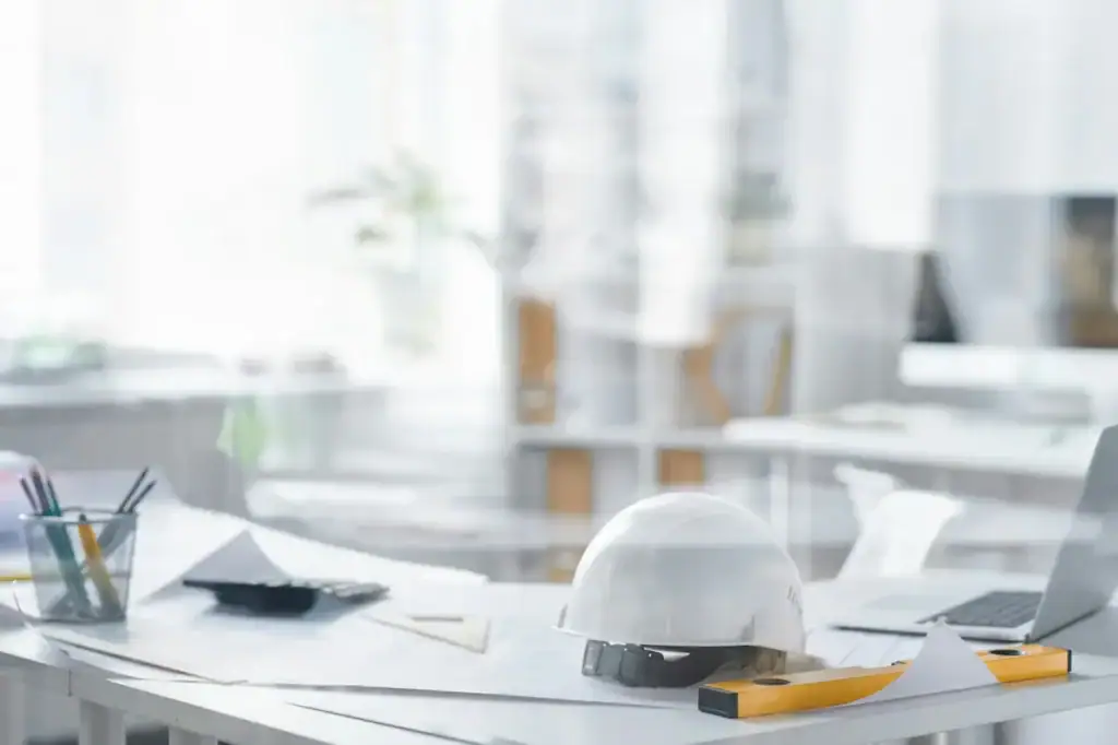 Casque blanc posé sur des plans, un niveau et une calculatrice, avant de soumissionner en assurance construction