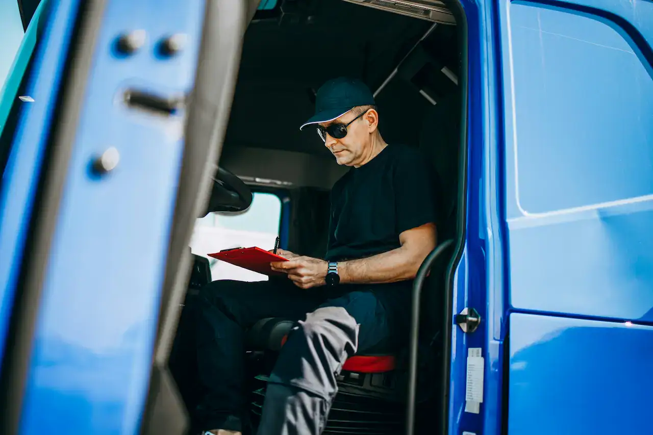 Camionneur vérifiant l'arrimage de la marchandise avant le départ