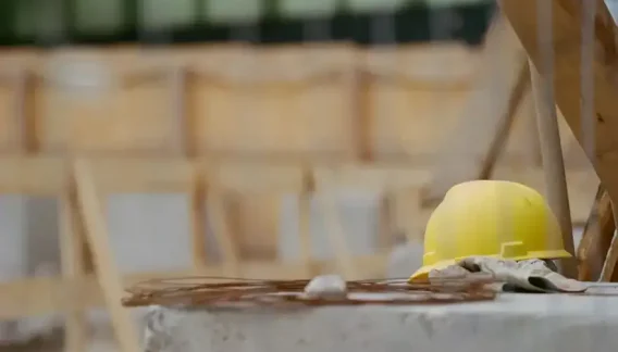 Casque jaune et gants de travail posés sur un bloc de béton devant la charpente de bois d'un chantier