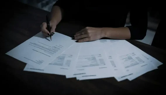 Dirigeante qui révise les documents de son contrat d'assurance entreprise avant de les signer