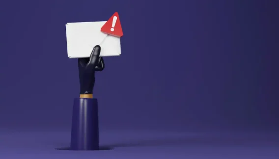 Illustration d'une main gantée tenant une enveloppe marquée d'un triangle d'avertissement rouge