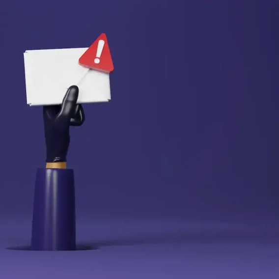 Illustration d'une main gantée tenant une enveloppe marquée d'un triangle d'avertissement rouge