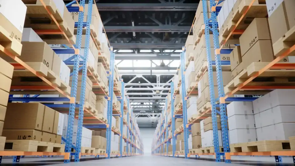 Entrepôt commercial aux rayonnages remplis de boîtes et de palettes de marchandises