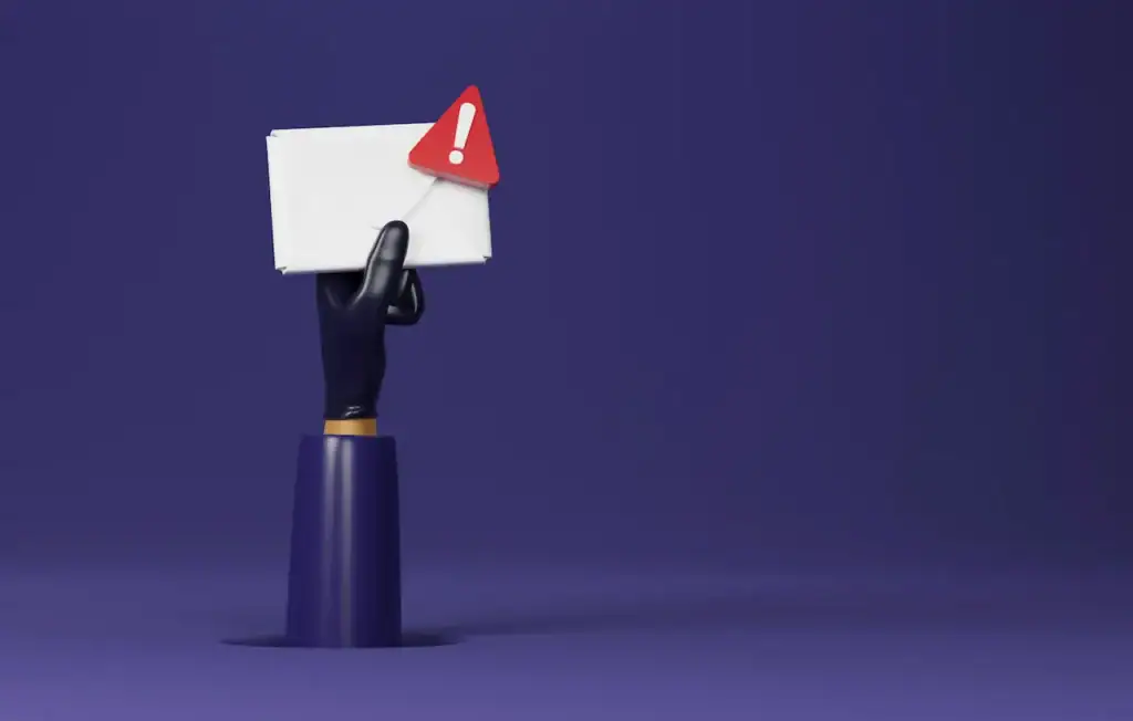 Illustration d'une main gantée tenant une enveloppe marquée d'un triangle d'avertissement rouge