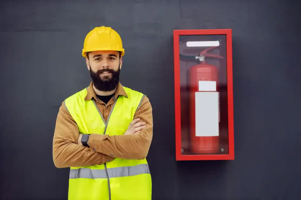 Travailleur en casque et dossard fluorescent posté devant un caisson d'extincteur mural